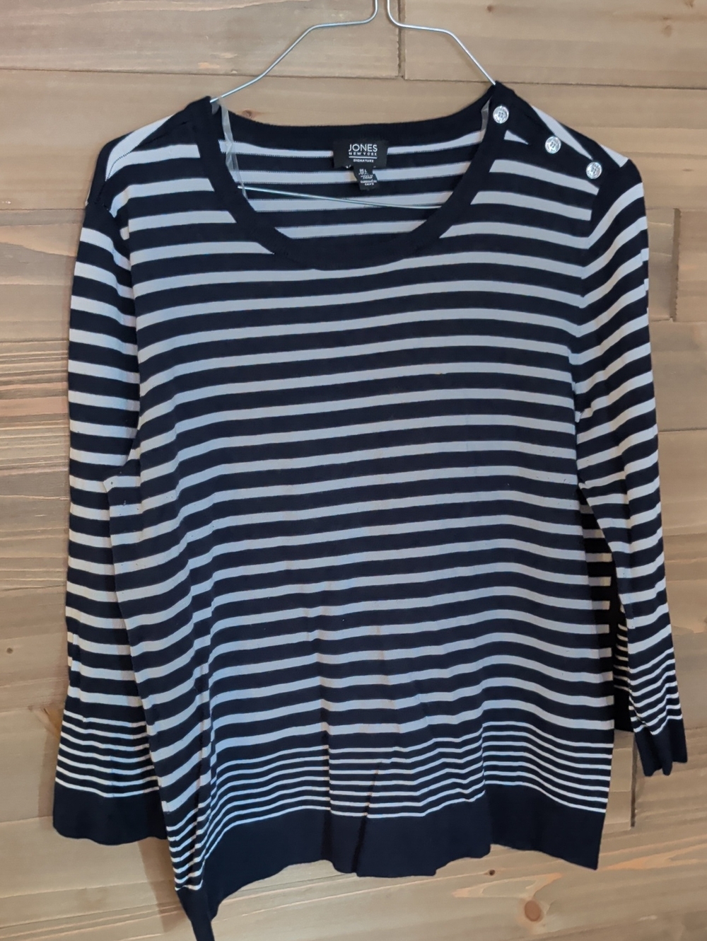 Jones New York Navy & White Striped Button-Shoulder Sweater